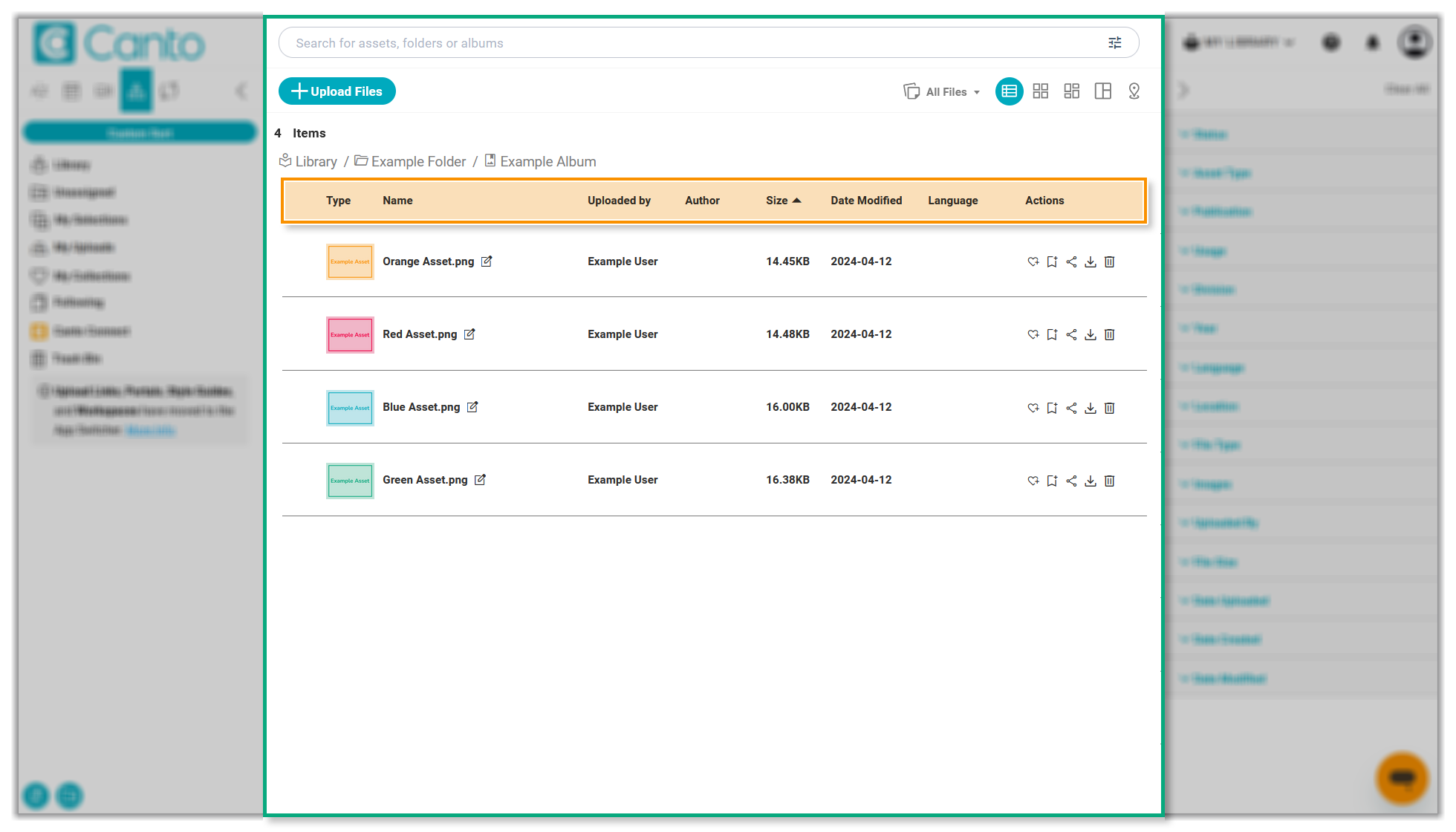Gallery in List View - the headings of the list are highlighted