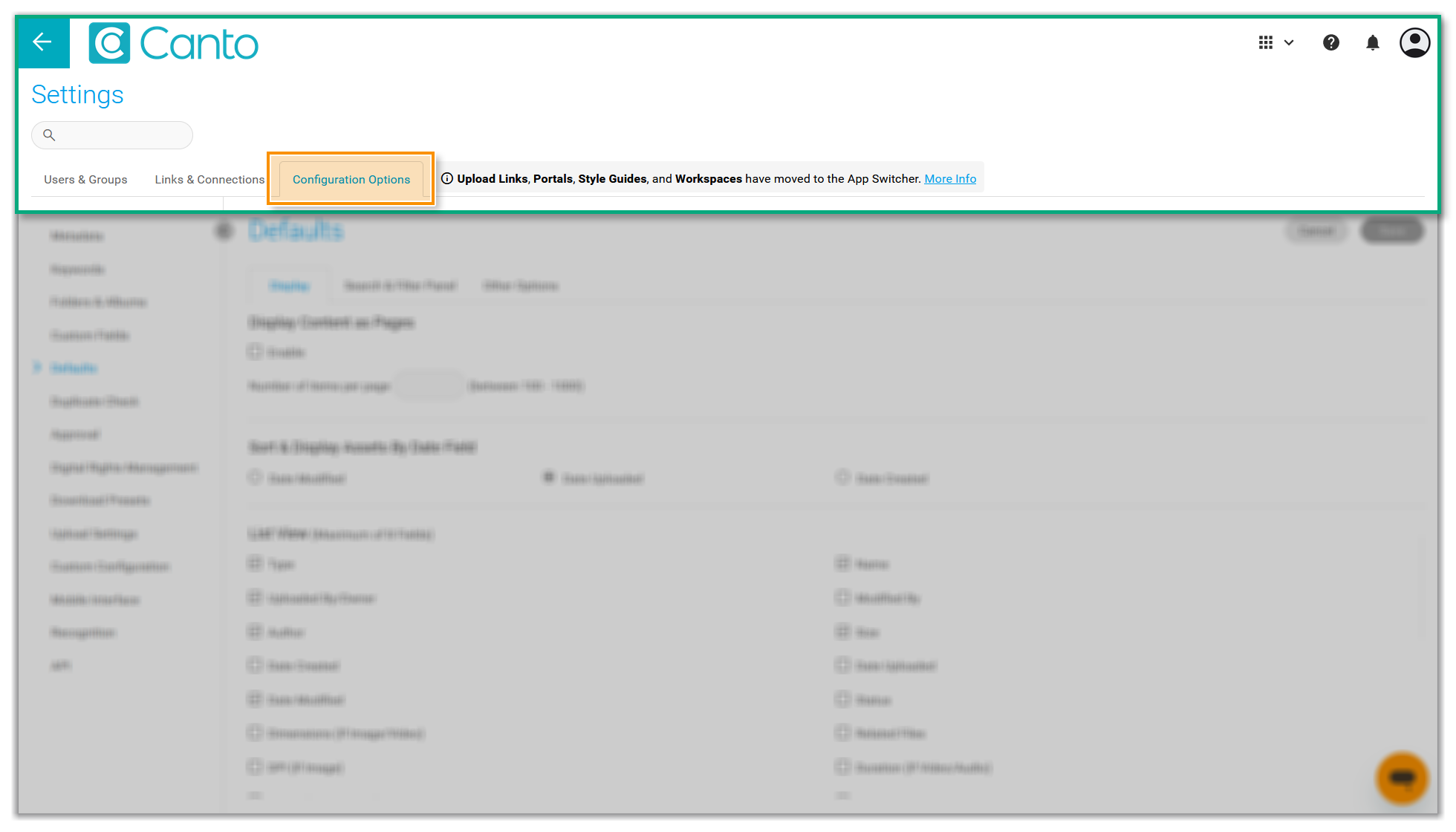 The upper section of the Settings menu - the tab "Configuration Options" has been highlighted