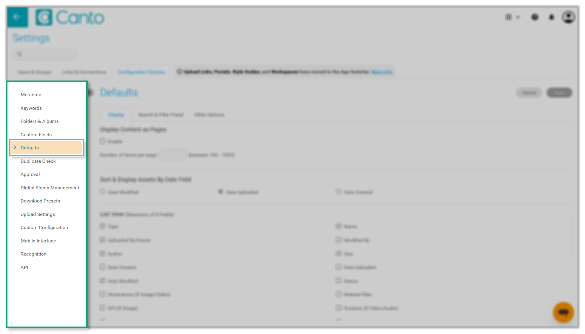 The left section of the Settings menu - the option "Defaults" has been highlighted. 