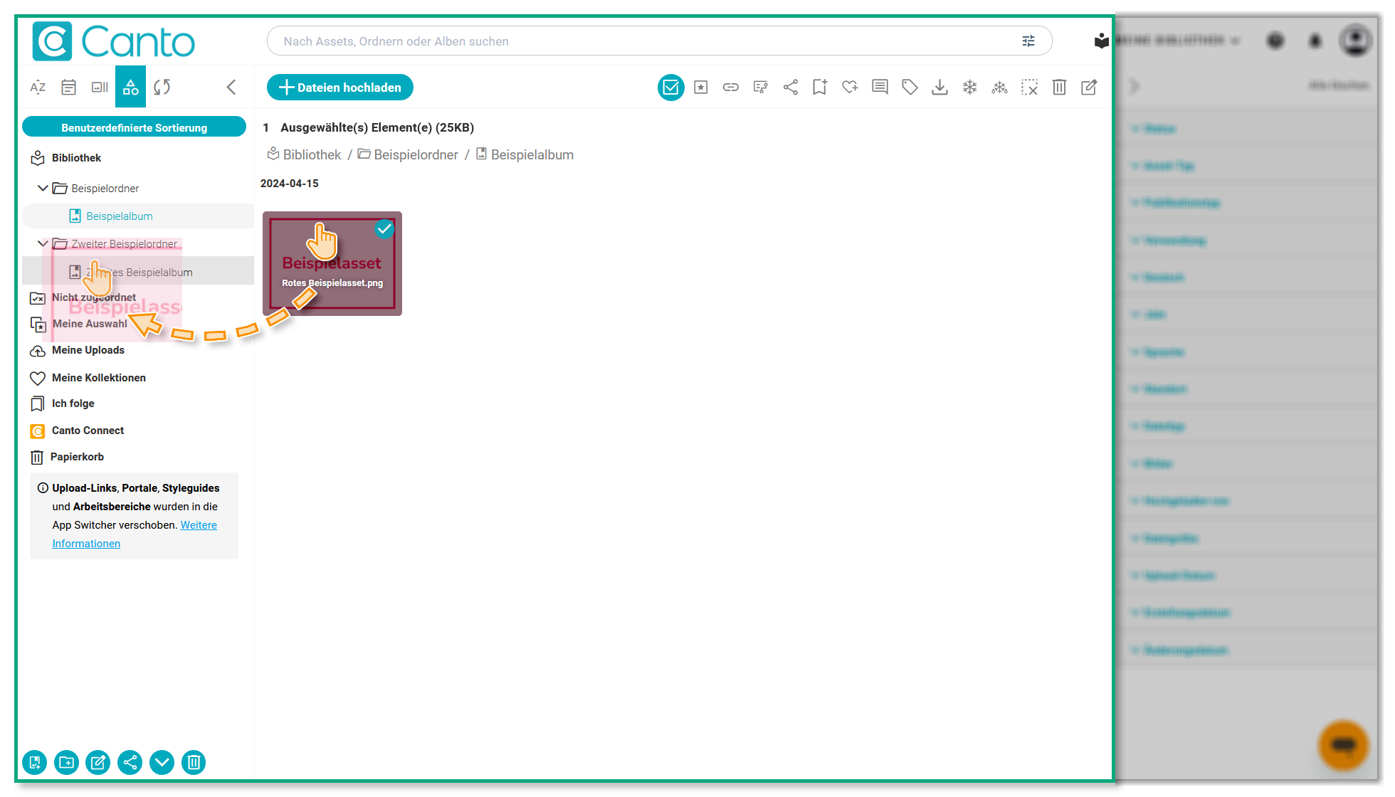 Die Ordnerstruktur und Gallerie - ein Asset wurde ausgewählt und wird zu einem neuen Ordner gezogen um dort abgelegt zu werden
