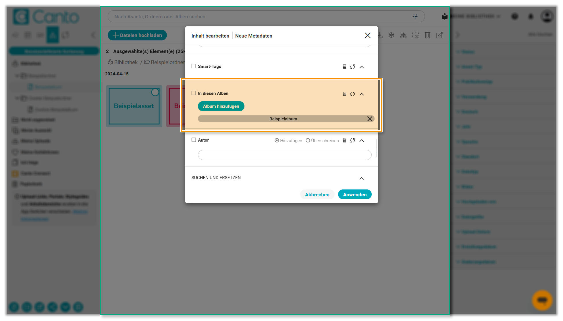 Das "Inhalt bearbeiten | Neue Metadaten"-Overlay - der Bereich "In diesen Alben" ist hervorgehoben