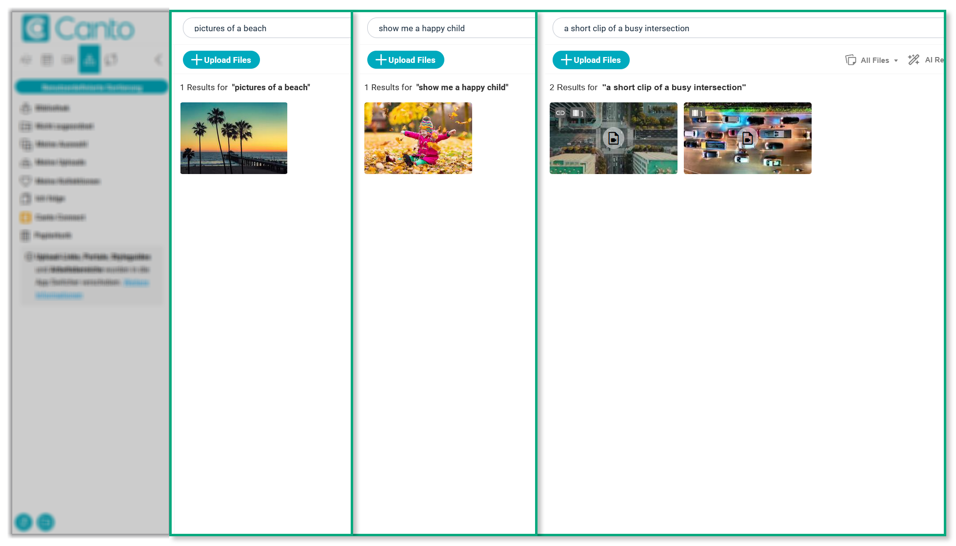 A split image, showing three versions of the gallery - each version shows a different search term used, and the corresponding result.
