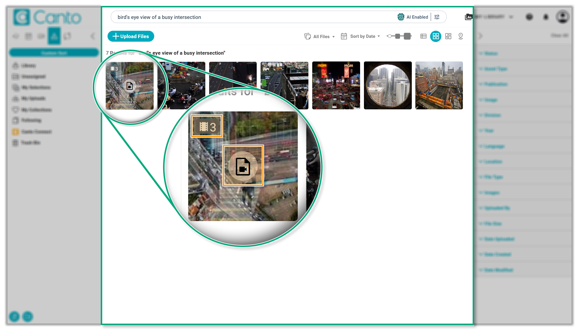 AI Visual Search results - a video asset has been enhanced, and the "Video Asset" symbol as well as the clip count are highlighted.
