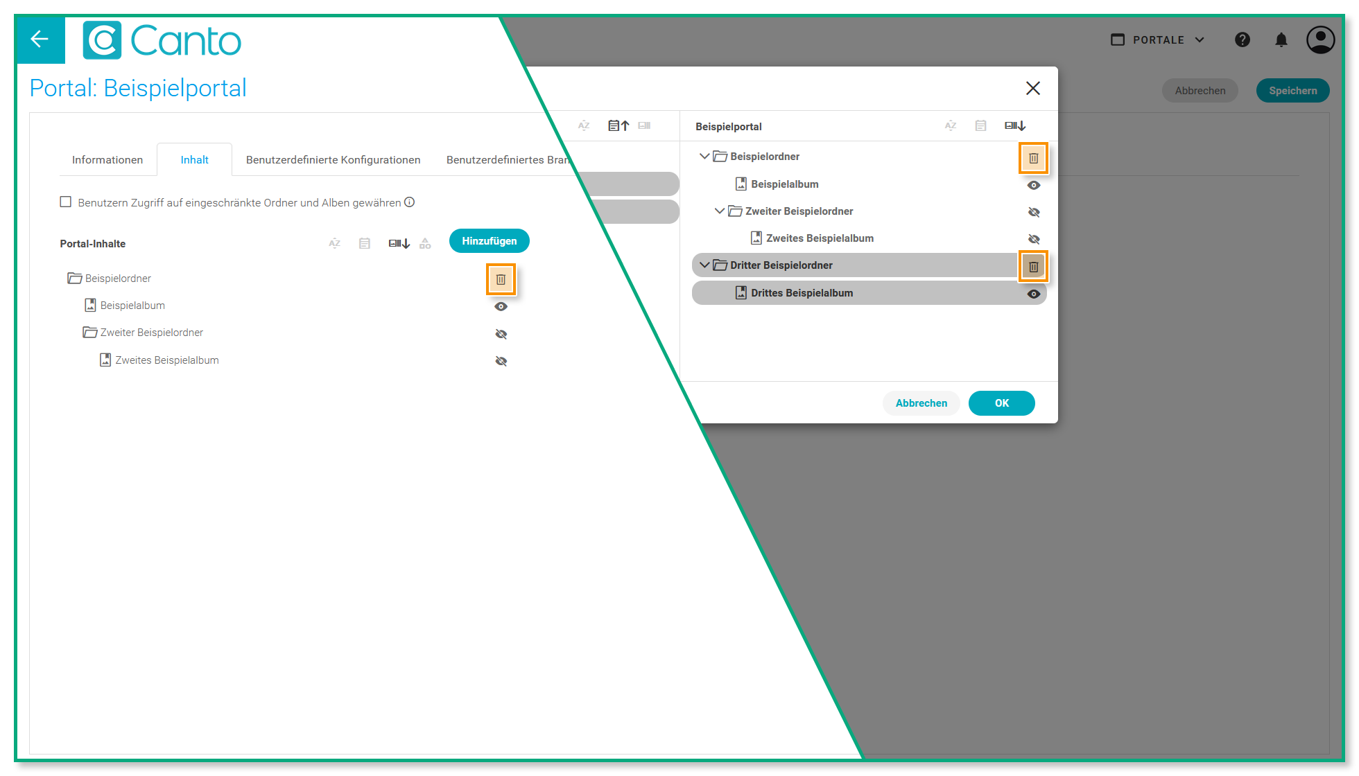 Ein geteiltes Bild, welches die Portal-Einstellungen und das Das "Inhalt bearbeiten"-Overlay zeigt - das Lösch-Symbol ist auf beiden Seiten hervorgehoben.