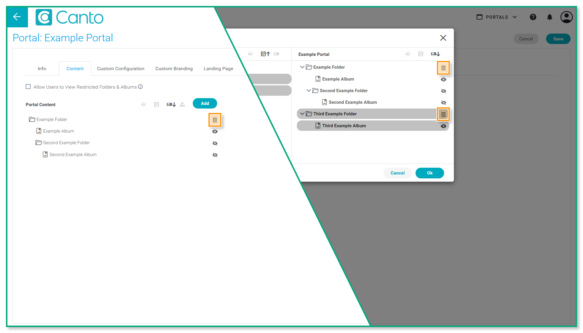A split view of the portal settings page and the "Edit Content" overlay - the delete symbols have been highlighted on both sides.