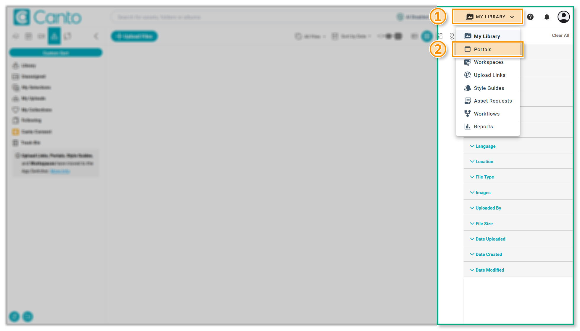 The right-hand side of the Main Library - the "App Switcher", and the option "Portals", are highlighted.