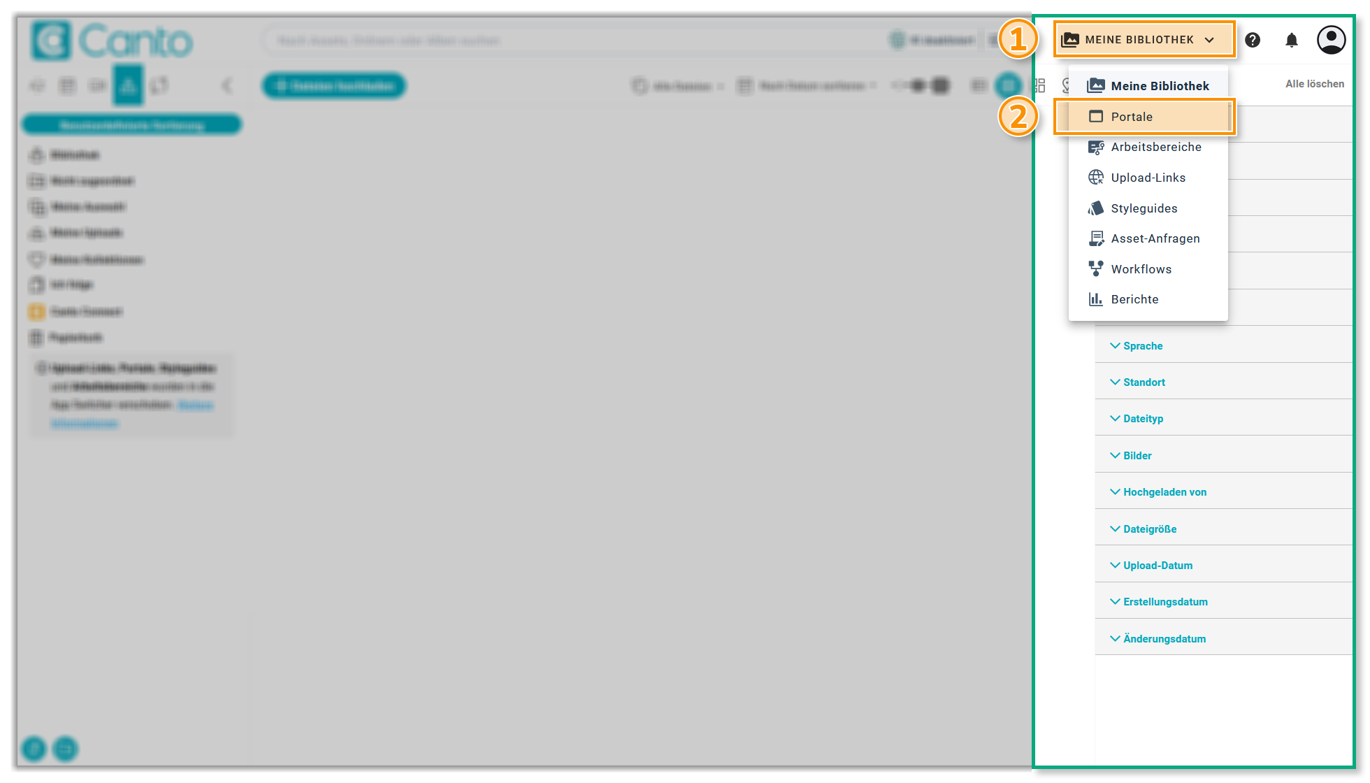 Die rechte Seite der Hauptbibliothek - Der "App Switcher", und die Option "Portale" sind hervorgehoben