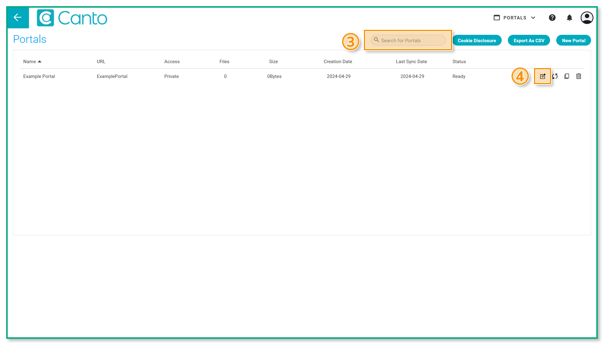 The "Portals" page - the search bar, and "Edit Portal"-symbol are highlighted