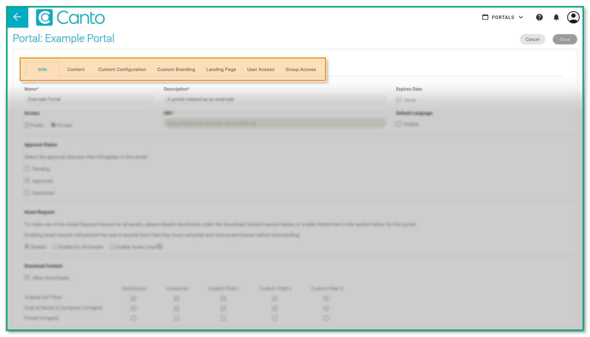 The portal settings page - the tabs at the top are highlighted.