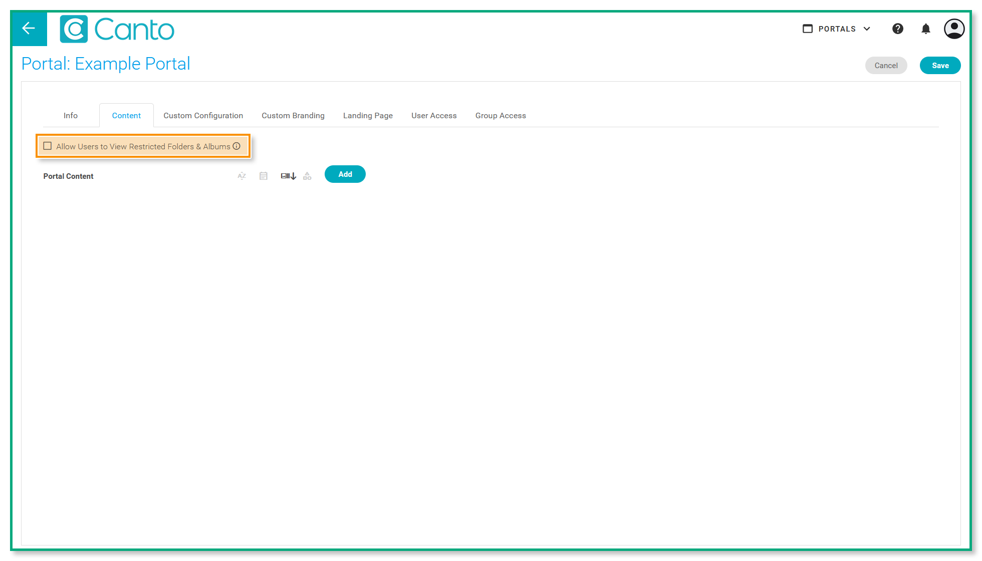 The portal settings, with the "Content" tab active - the option to "Allow Users to View Restricted Folders & Albums" is highlighted.