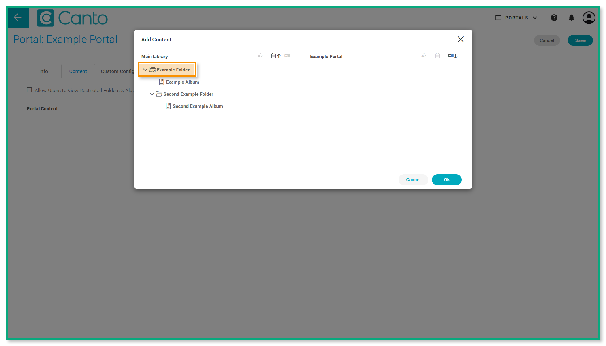 The "Add Content" overlay in the "Content" tab of the portal settings - a restricted folder is highlighted.