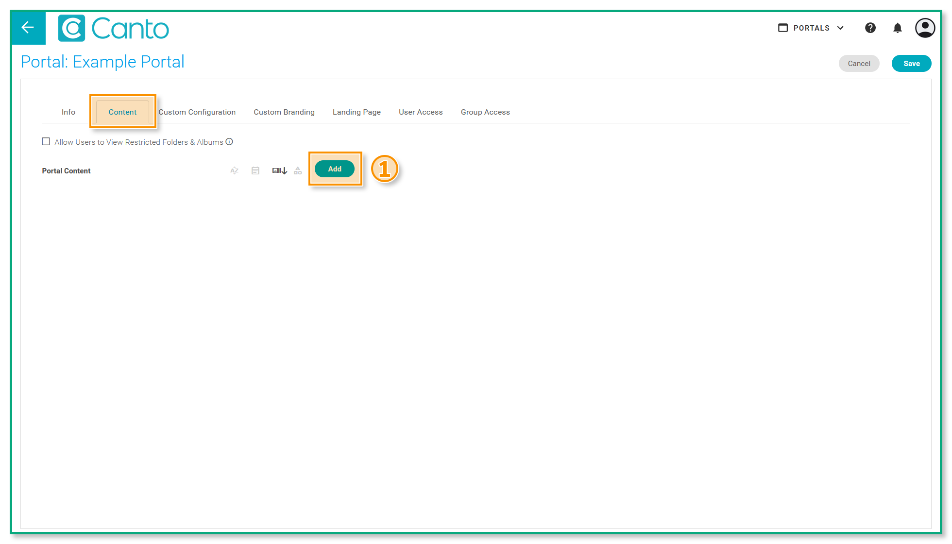 The portal settings page - several elements are highlighted.