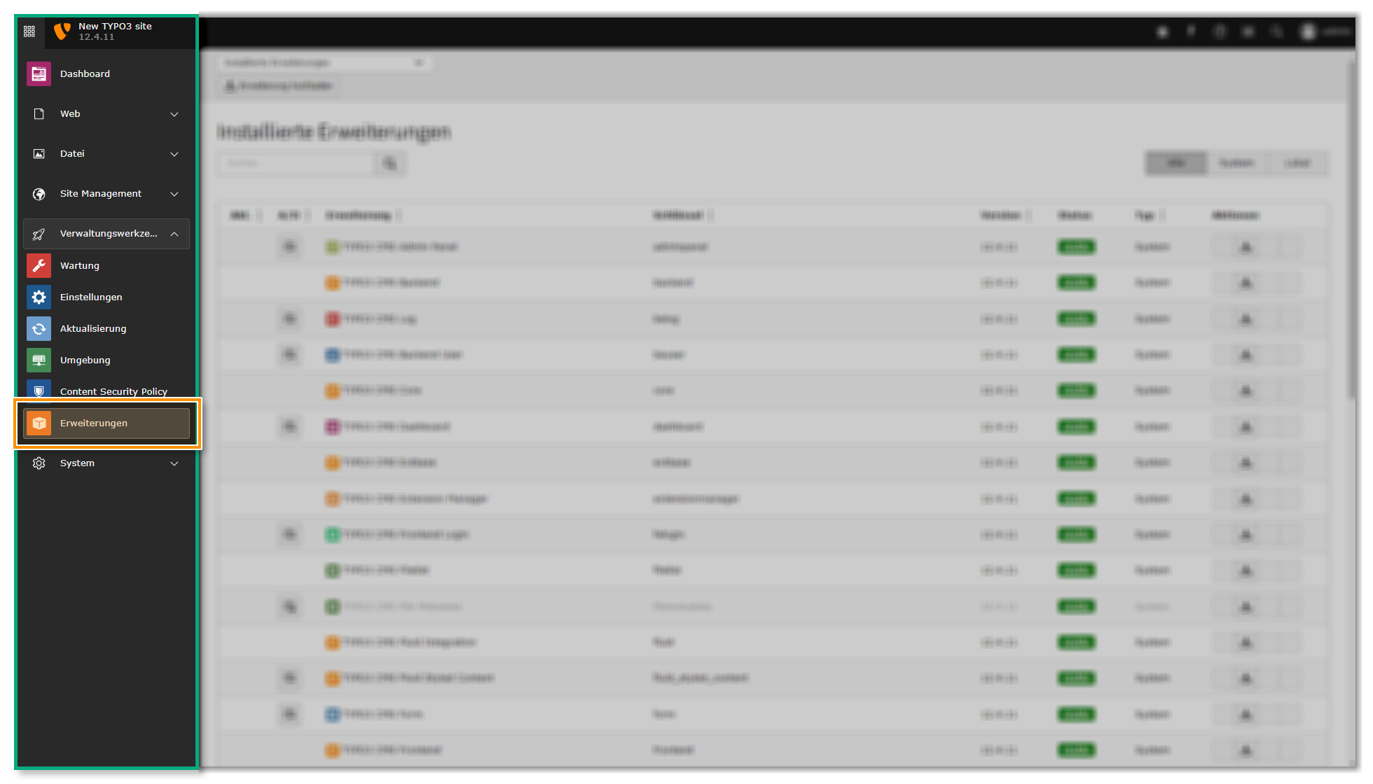 Die TYPO3 Benutzeroberfläche - der Menüpunkt "Erweiterungen" im Modul "Verwaltungswerkzeuge" ist hervorgehoben.