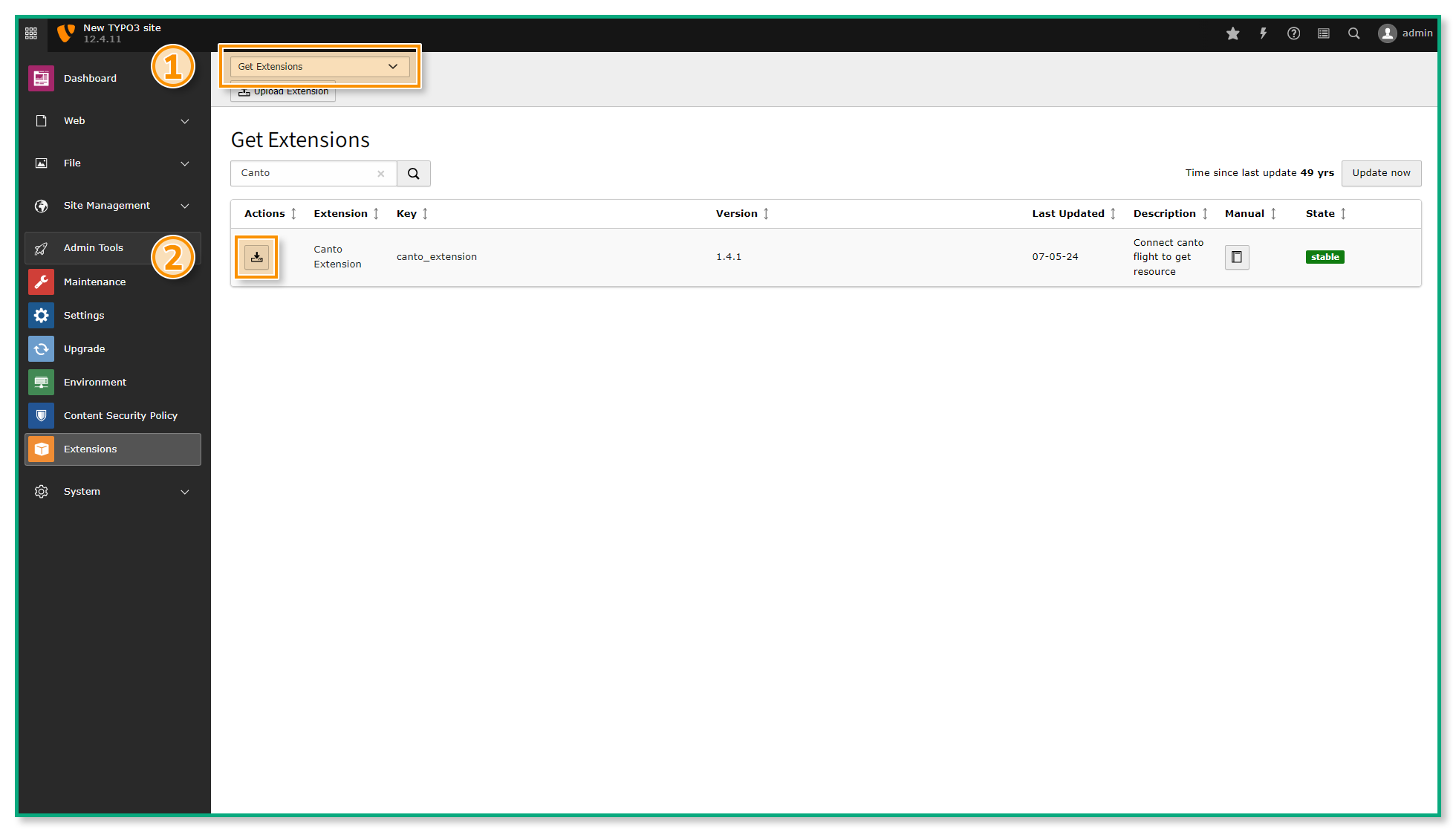 The "Extensions" module - several elements are highlighted.