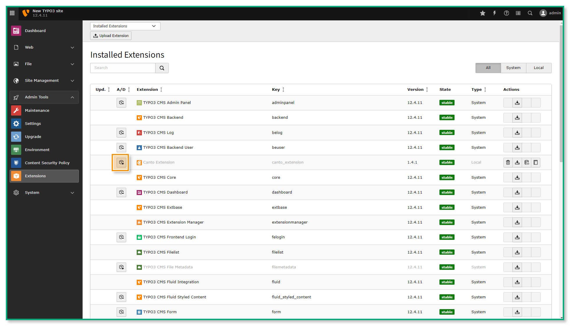 The "Extensions" module - the "Activate" button is highlighted.