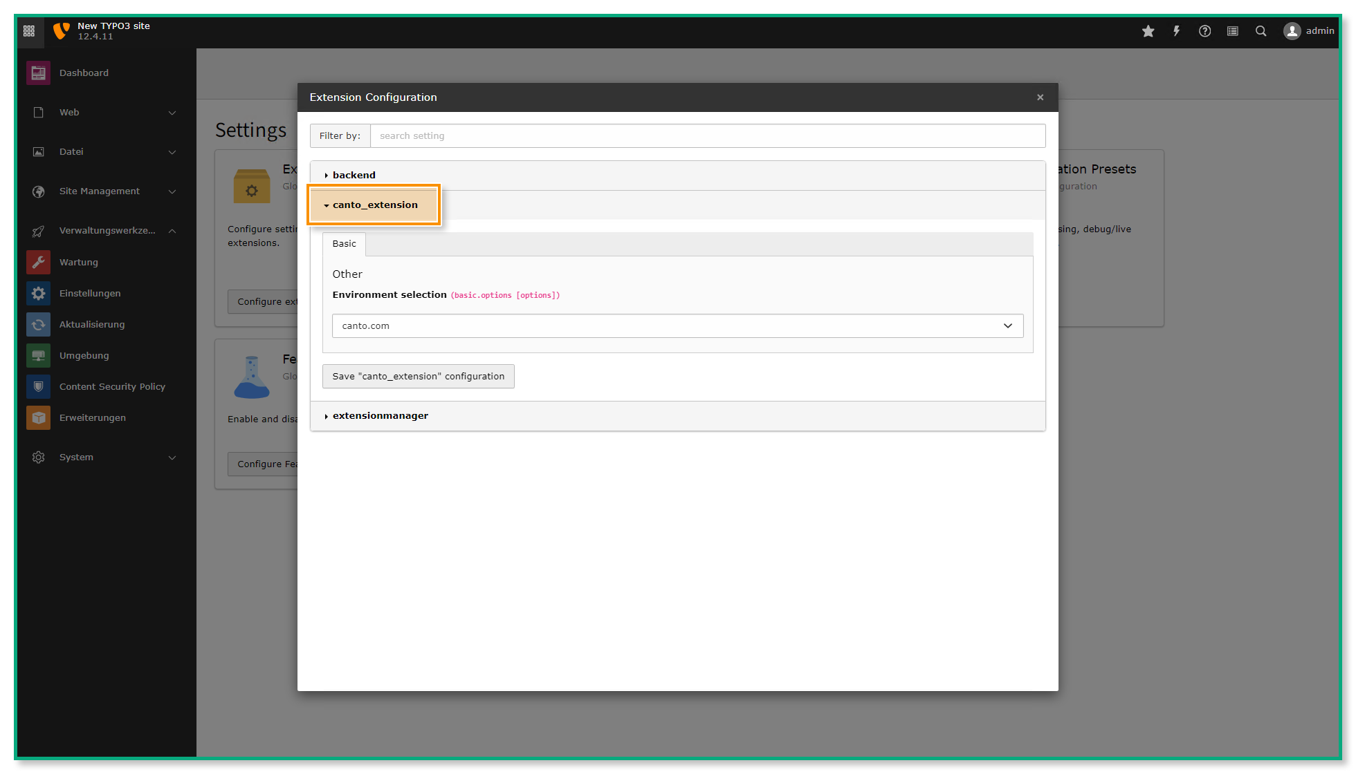 Das "Extension Configuration"-Overlay - das Segment "canto_extension" ist hervorgehoben