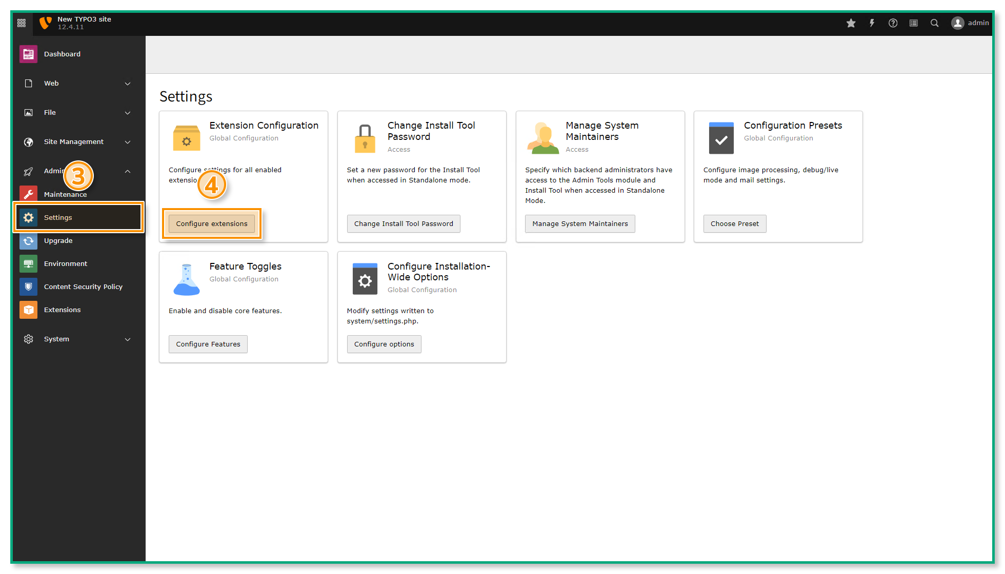 The "Settings" module - several elements are highlighted.