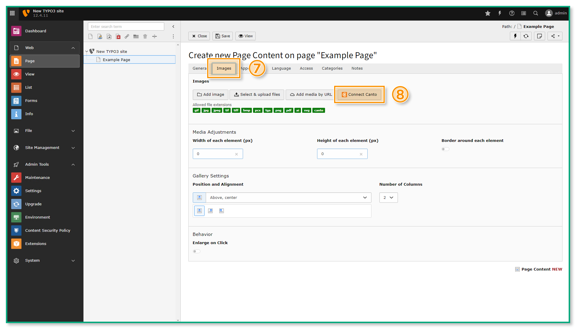 The page creation interface - several elements are highlighted.