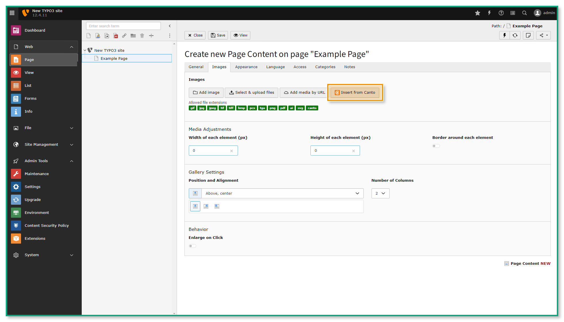 The page creation interface - the "Insert from Canto" button is highlighted.