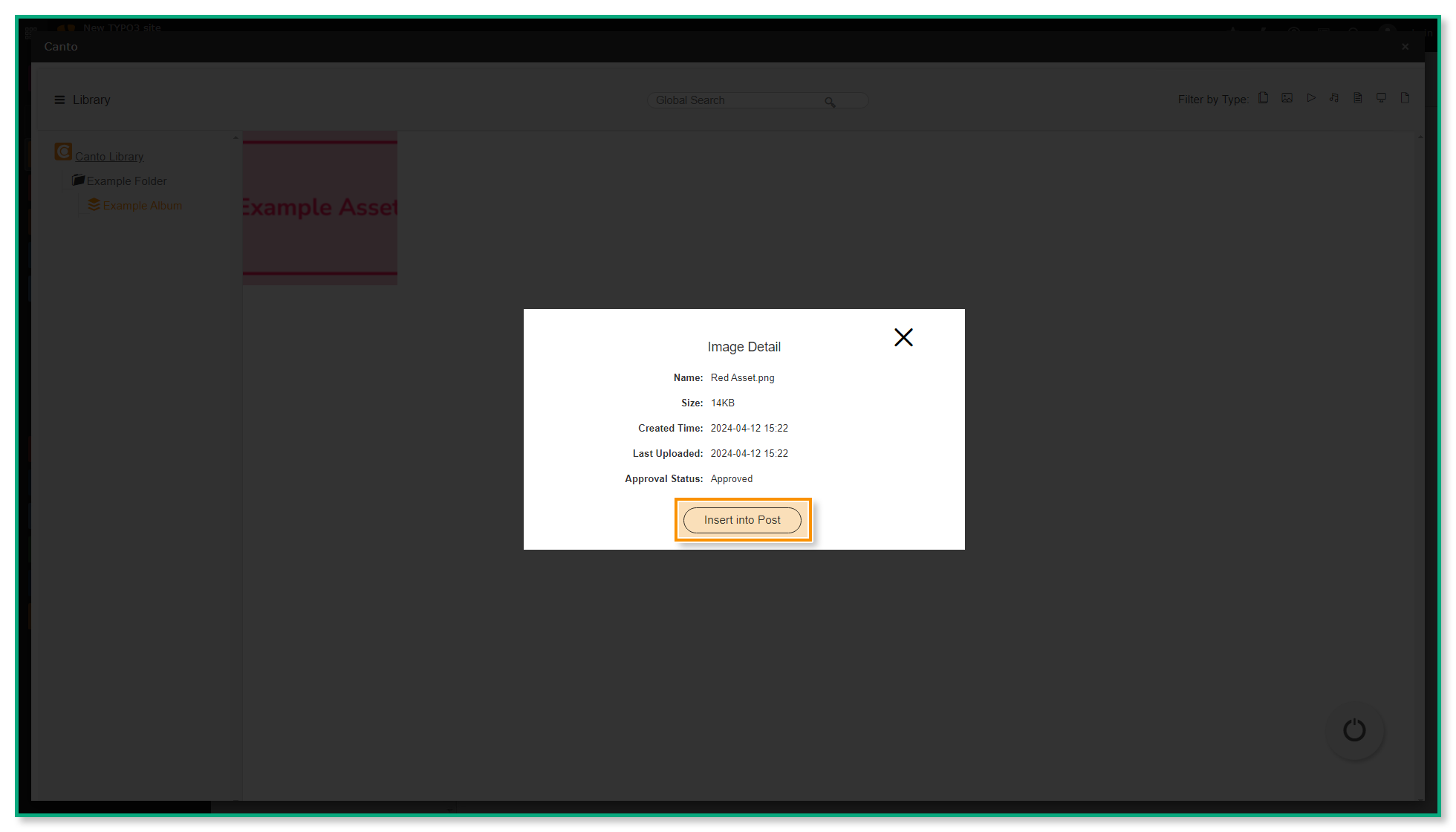 Das Overlay der Canto Erweiterung, mit sichtbaren Asset-Details - der Knopf "Insert into Post" ist hervorgehoben.