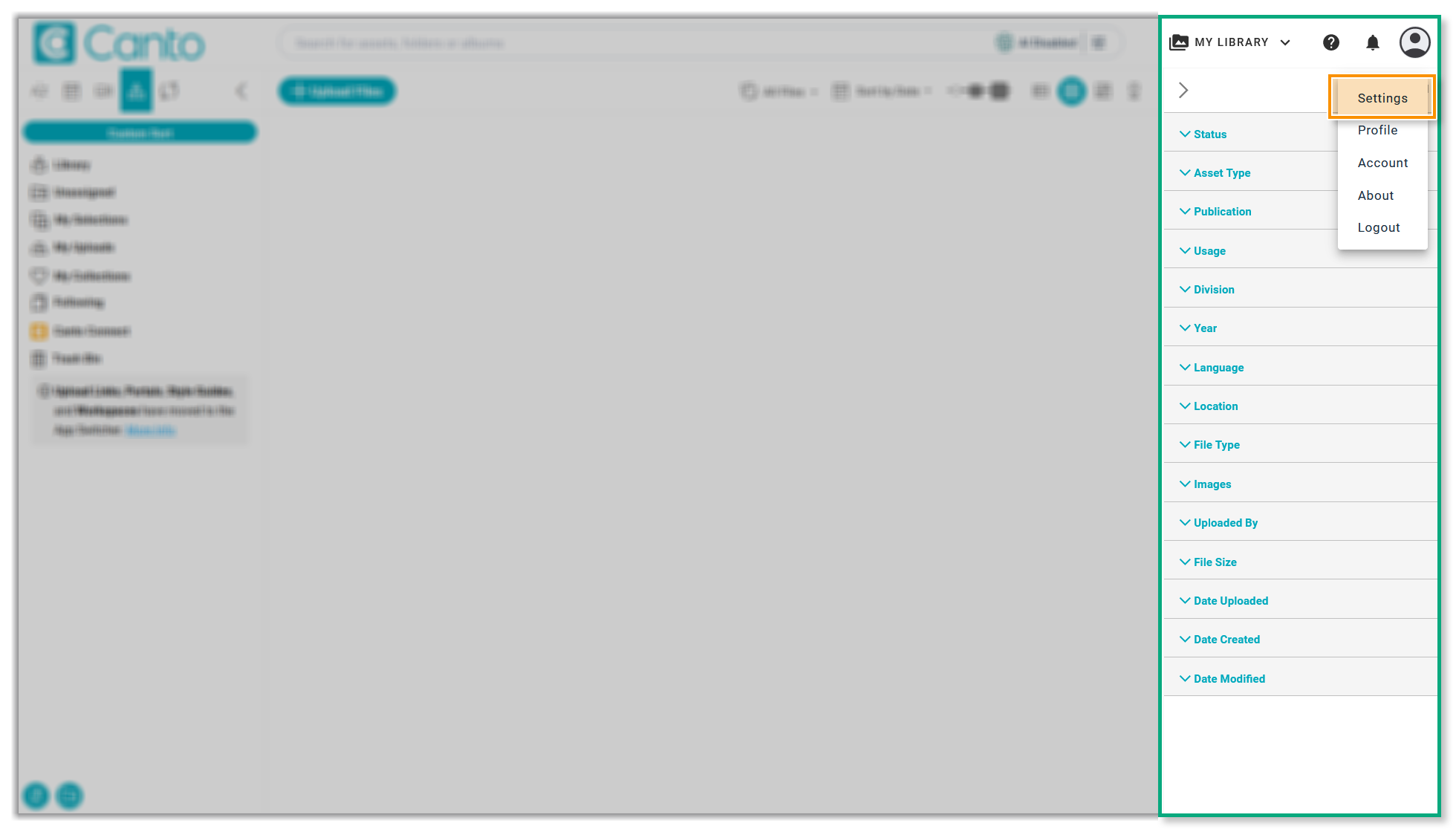 The right side of the Main Library - the "Profile & Settings" menus is open, and the option "Settings" is highlighted.