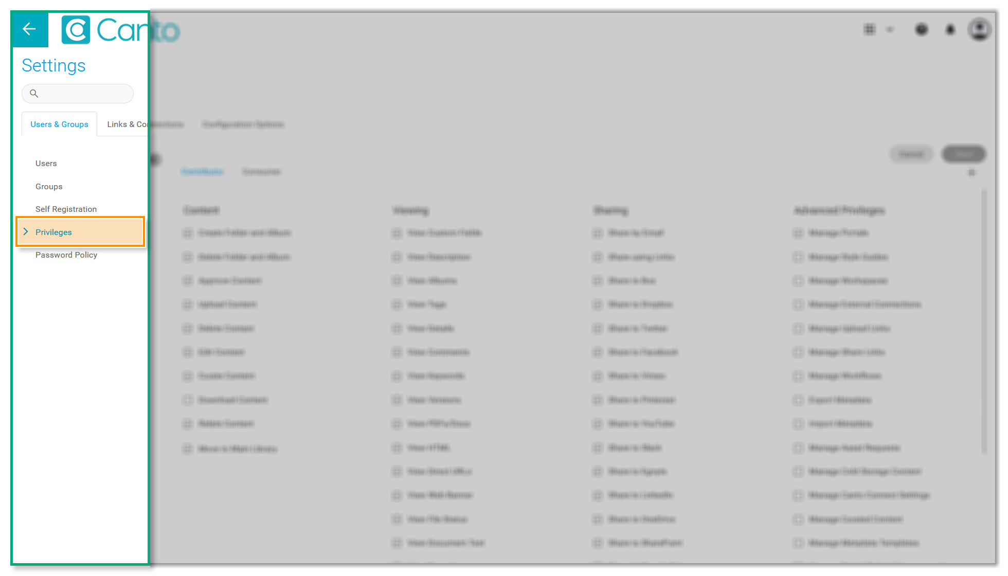 The left side of the Settings page - the option "Privileges" in the tab "Users & Groups" is highlighted.
