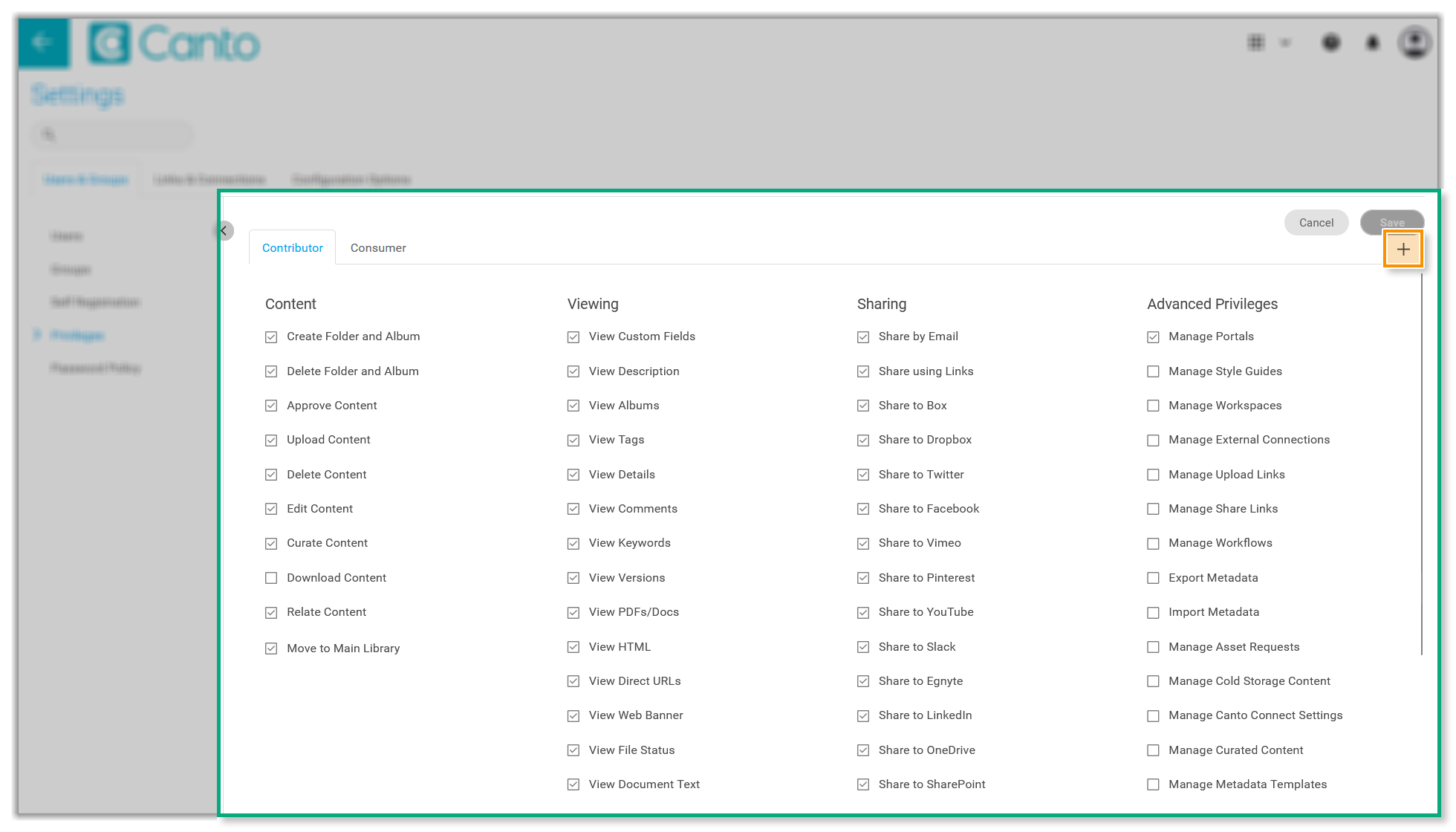 The "Privileges" section on the Settings page - the "Add" button is highlighted.