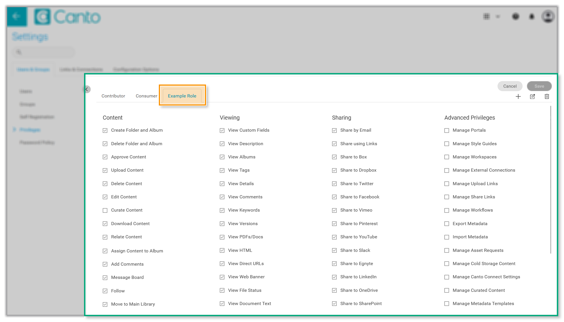 The "Privileges" section on the Settings page - the new tab "Example Role" is highlighted.
