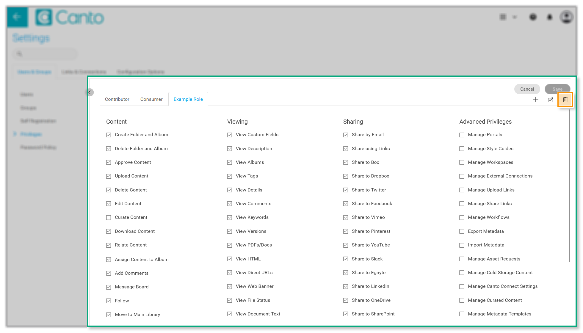 The "Privileges" section on the Settings page - the "Delete" button is highlighted.