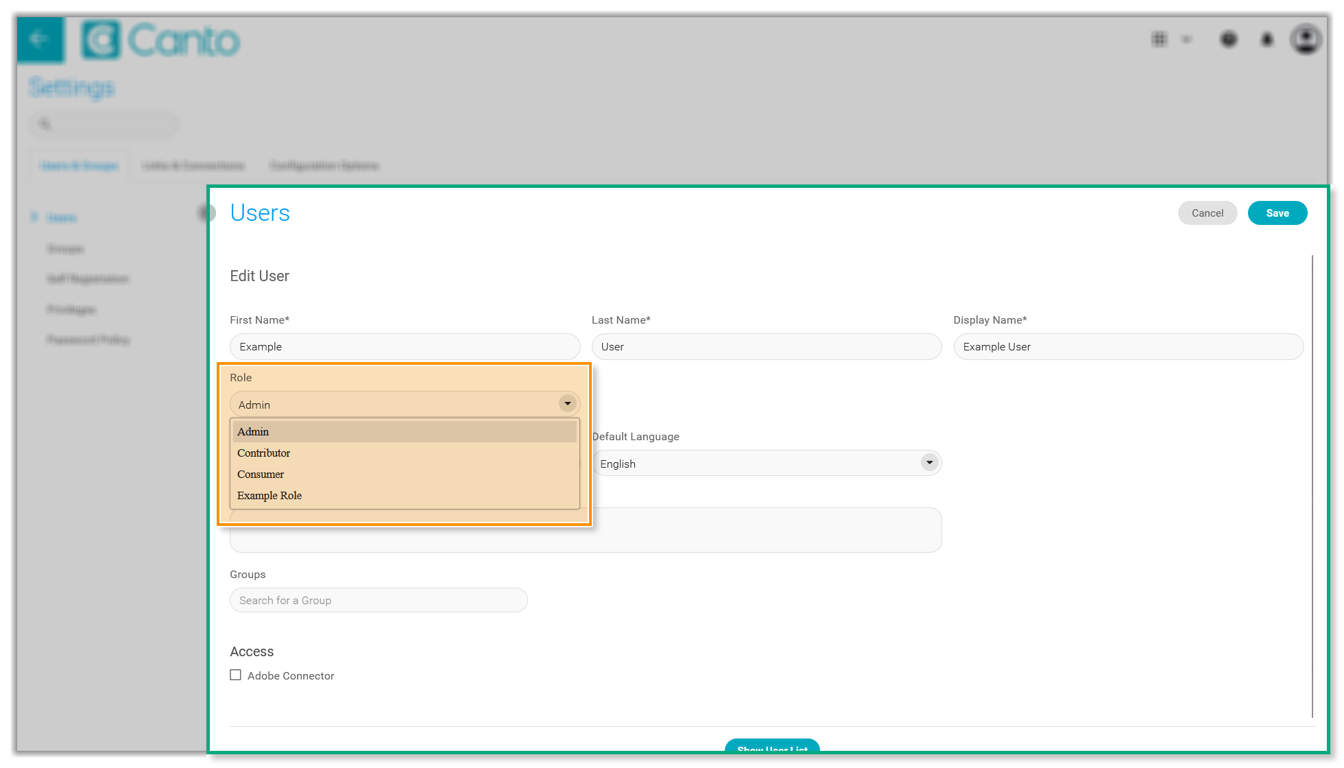 The "Users" section on the Settings page - a user is being edited, and the section "Role" is highlighted.