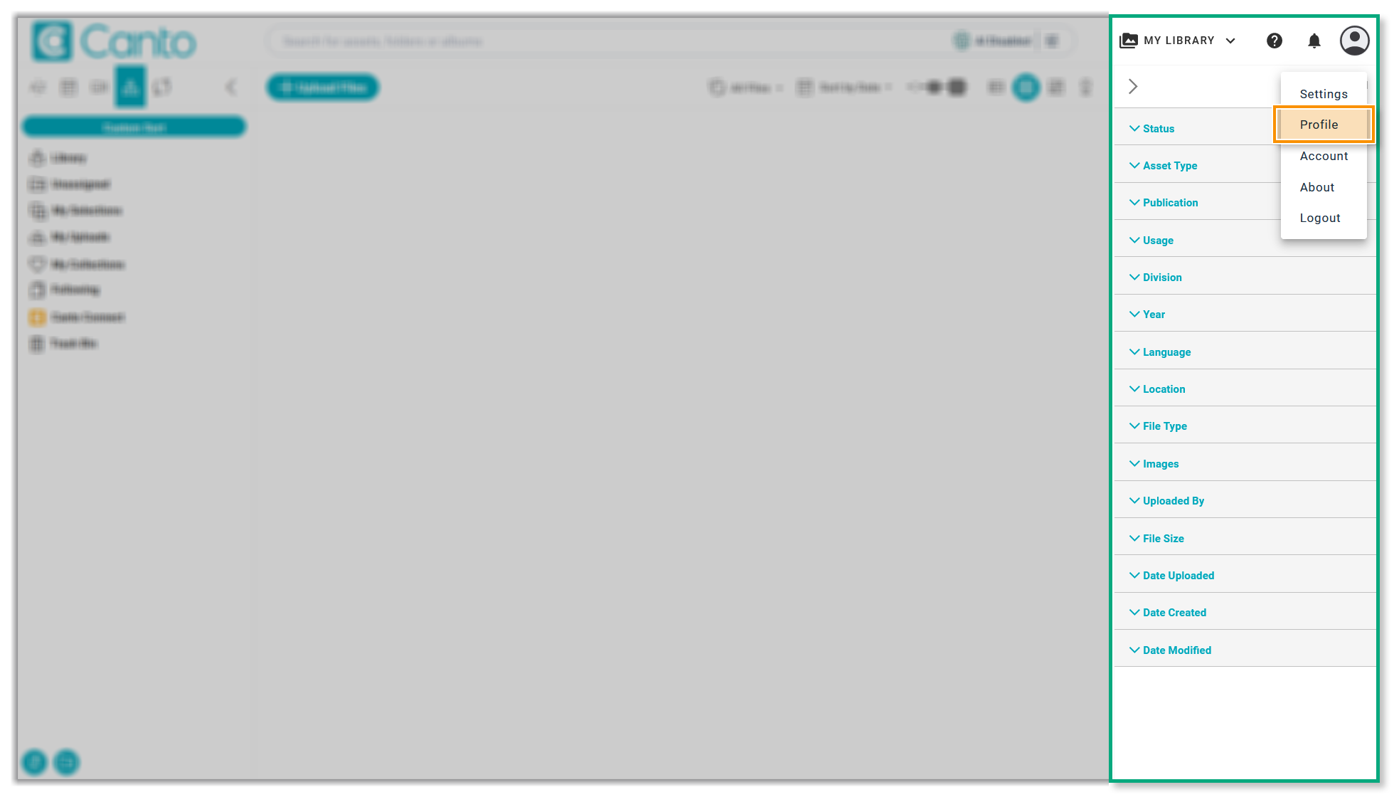 The right side of the Main Library - the "Profile & Settings" menus is open, and the option "Profile" is highlighted.