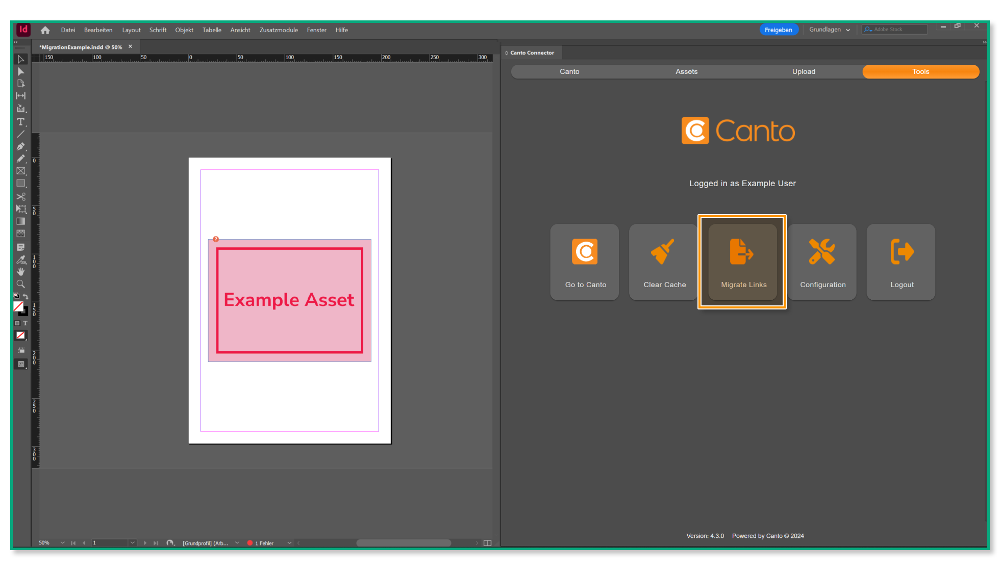 Der Canto Adobe Connector in Adobe InDesign - der Knopf "Migrate Links" ist hervorgehoben.