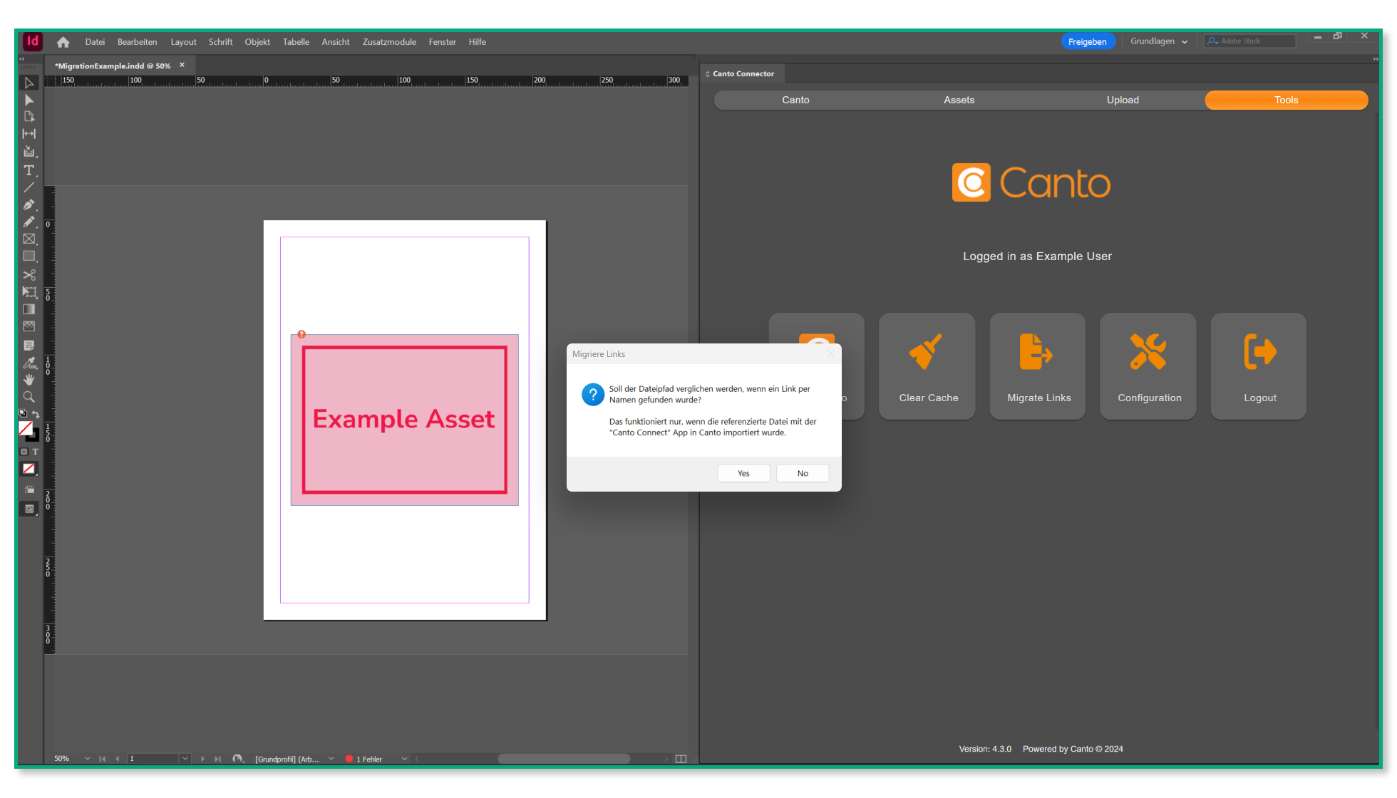 Der Canto Adobe Connector in Adobe InDesign - das zweite Pop-up des Migrationsprozesses ist eingeblendet.