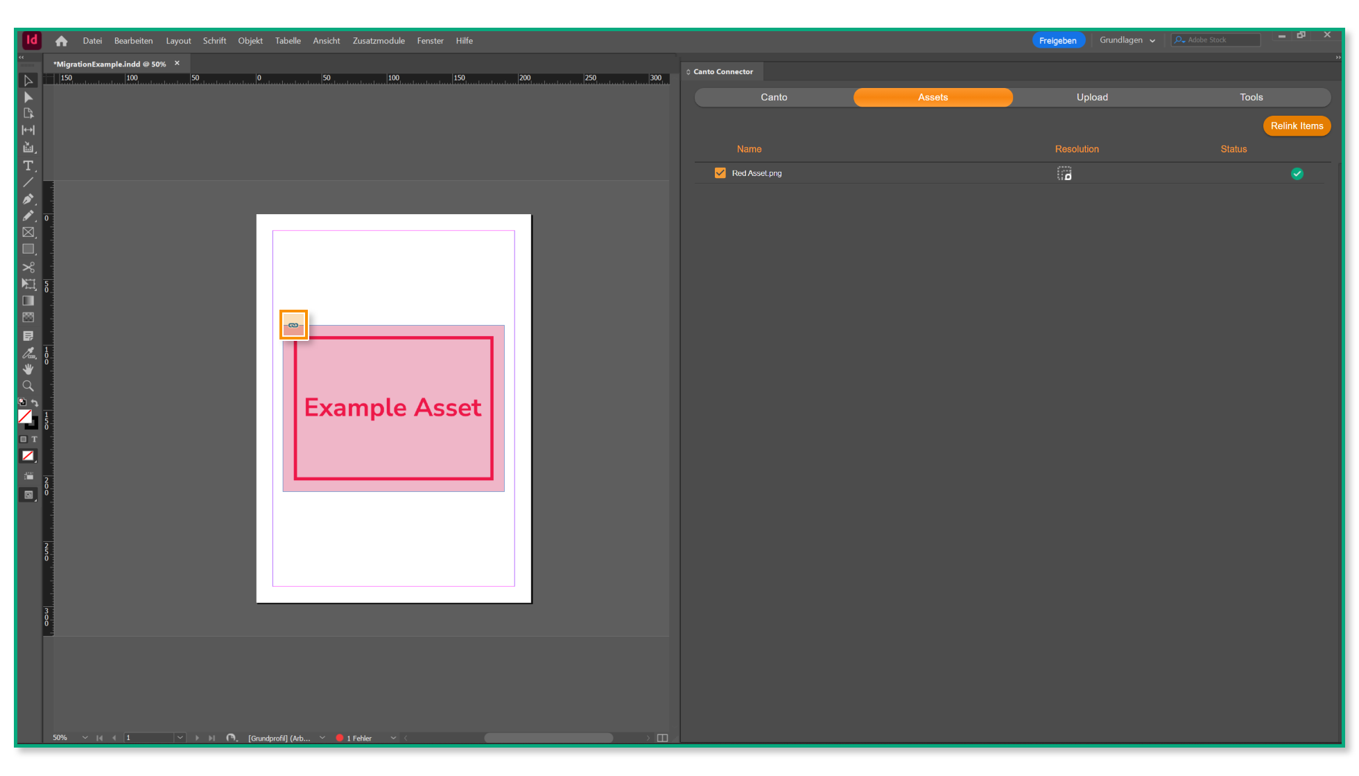 Der Canto Adobe Connector in Adobe InDesign - der Reiter "Assets" ist ausgewählt, und das Verknüpfungssymbol neben der Grafik auf der Benutzeroberfläche ist hervorgehoben.