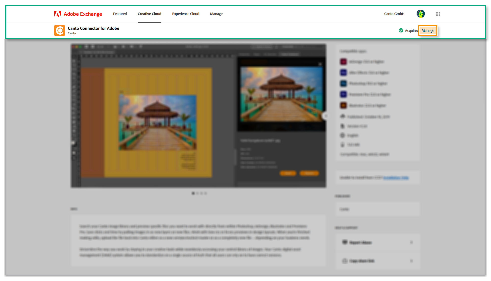 Der Adobe Exchange - der Knopf "Manage" ist hervorgehoben