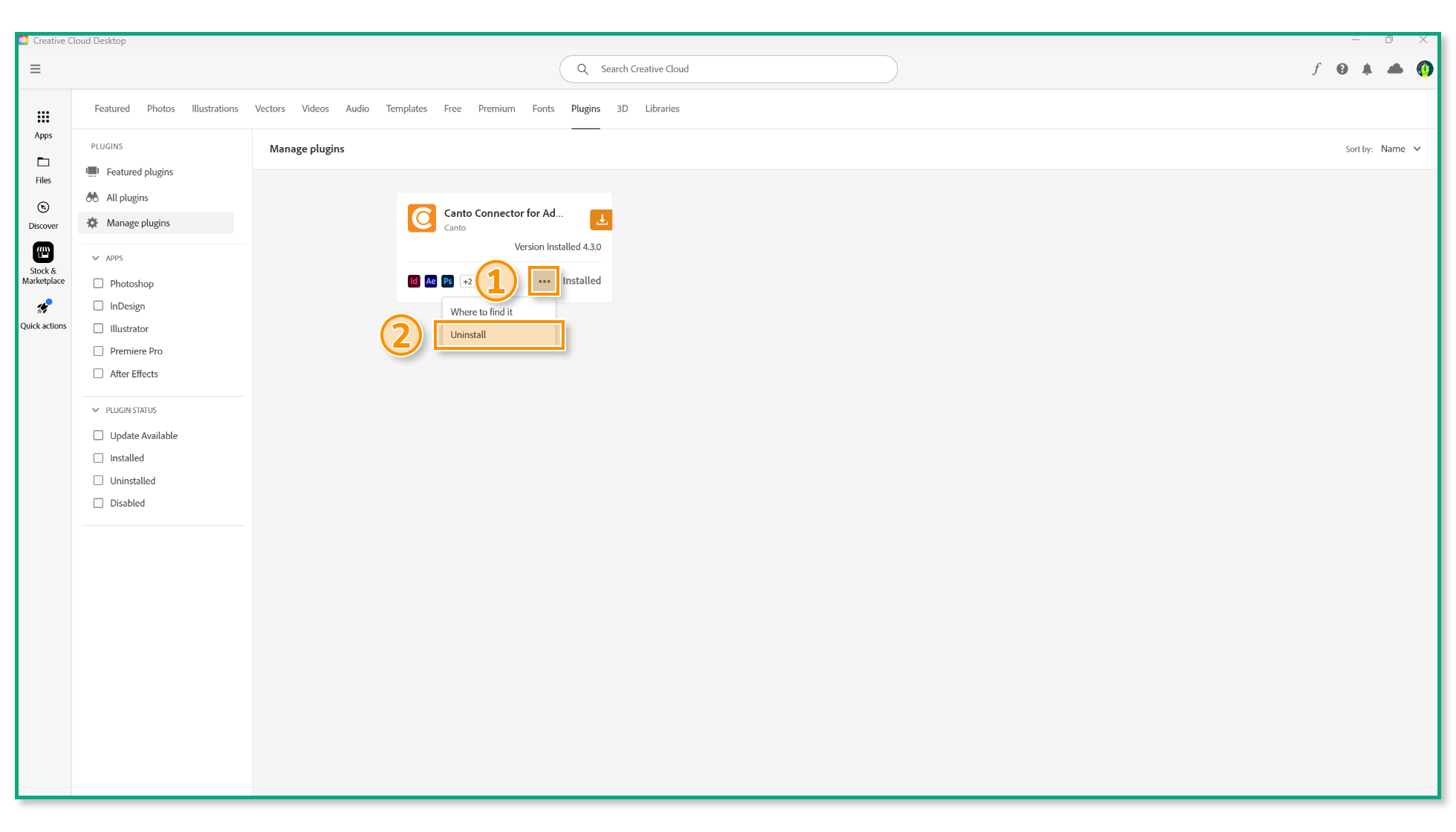Die Adobe Creative Cloud Desktop-App - der Bereich "Manage plugins" ist ausgewählt und mehrere Elemente sind hervorgehoben.