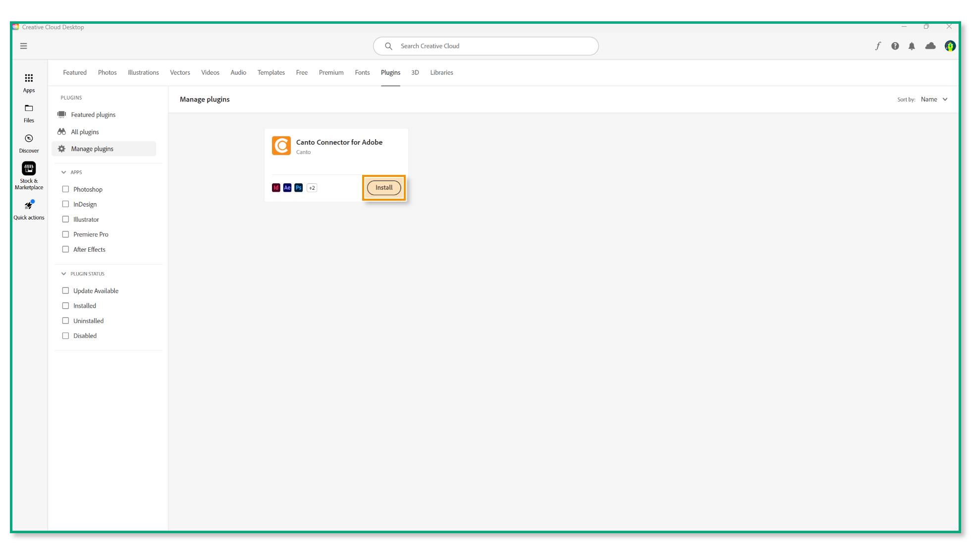 Die Adobe Creative Cloud Desktop-App - der Bereich "Manage plugins" ist ausgewählt und der Knopf "Install" hervorgehoben.