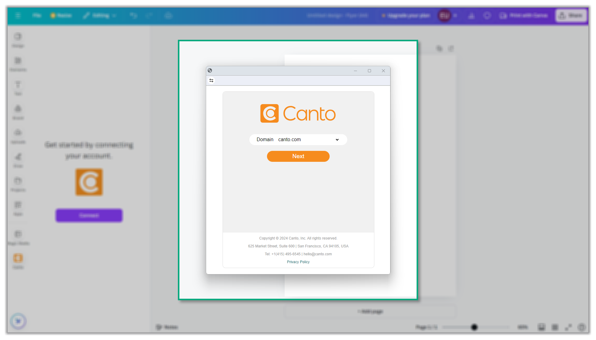 The Canto Canva Integration pop-up - the option to choose a domain is visible.