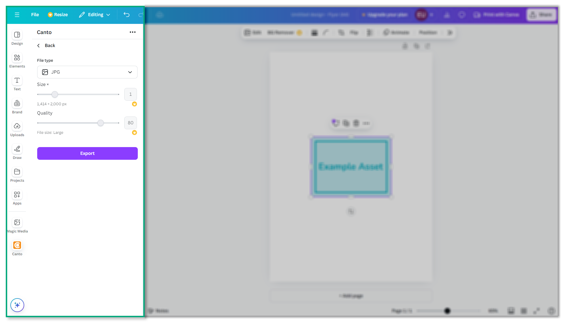The Canva editor - the Canto Canva Integration is visible. The current design is being saved, and the file adjustments are visible.