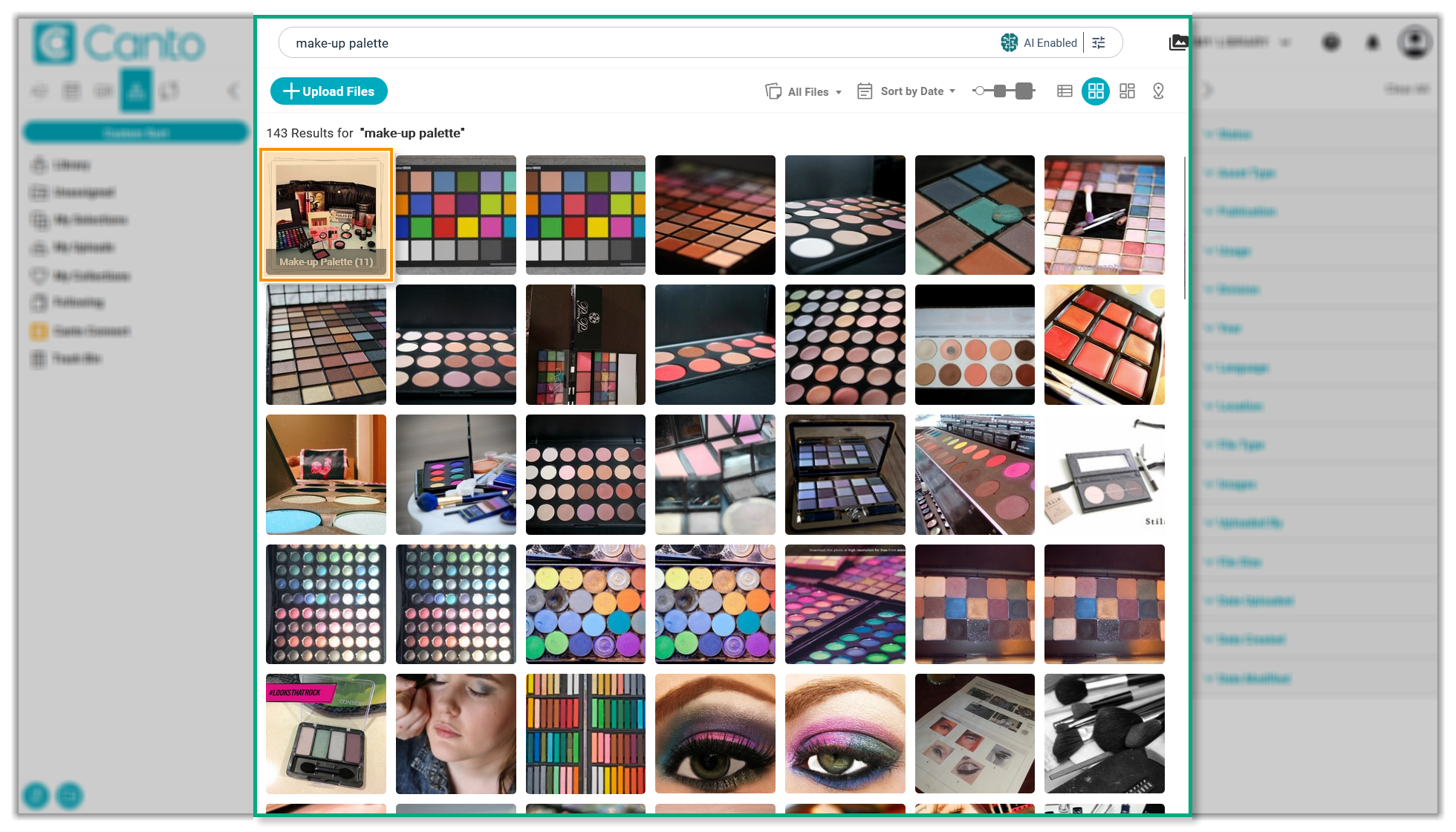 The Main Library - AI Visual Search has returned results for the prompt "make-up palette". The album with the name "Make-up Palette" is highlighted.