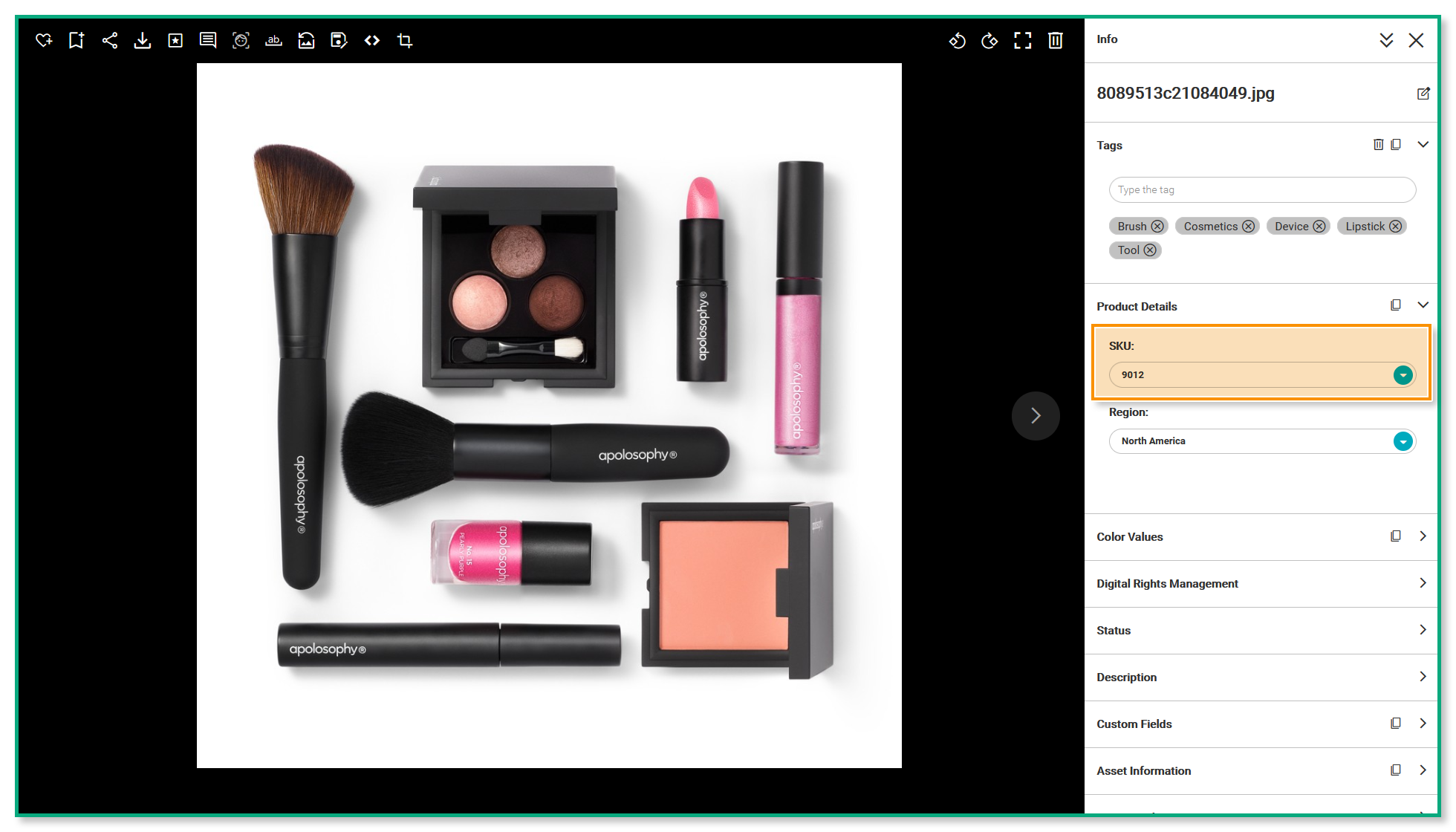 The Preview Page of the asset highlighted in the previous screenshot - the "Product SKU" is highlighted.