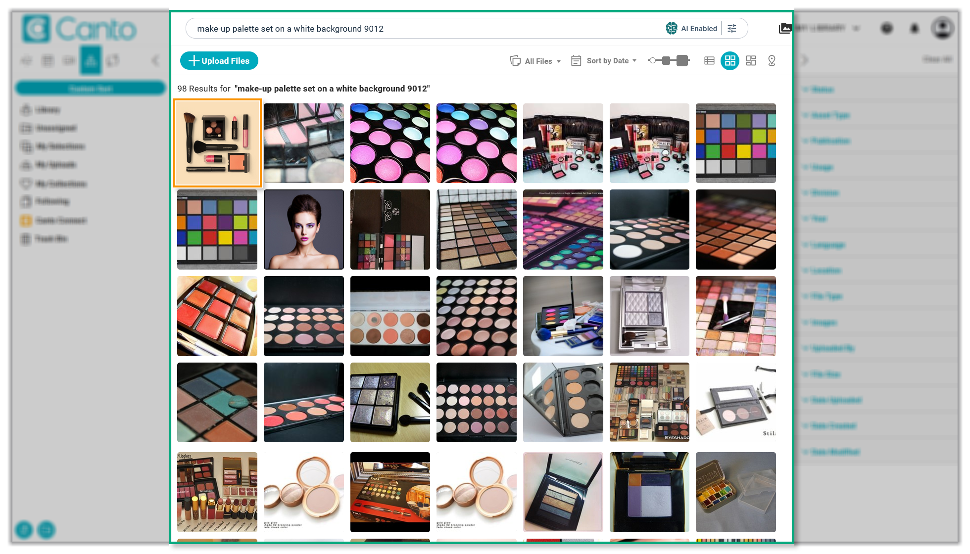 The Main Library - AI Visual Search has returned results for the prompt "make-up palette set on a white background 9012". The first asset is highlighted.