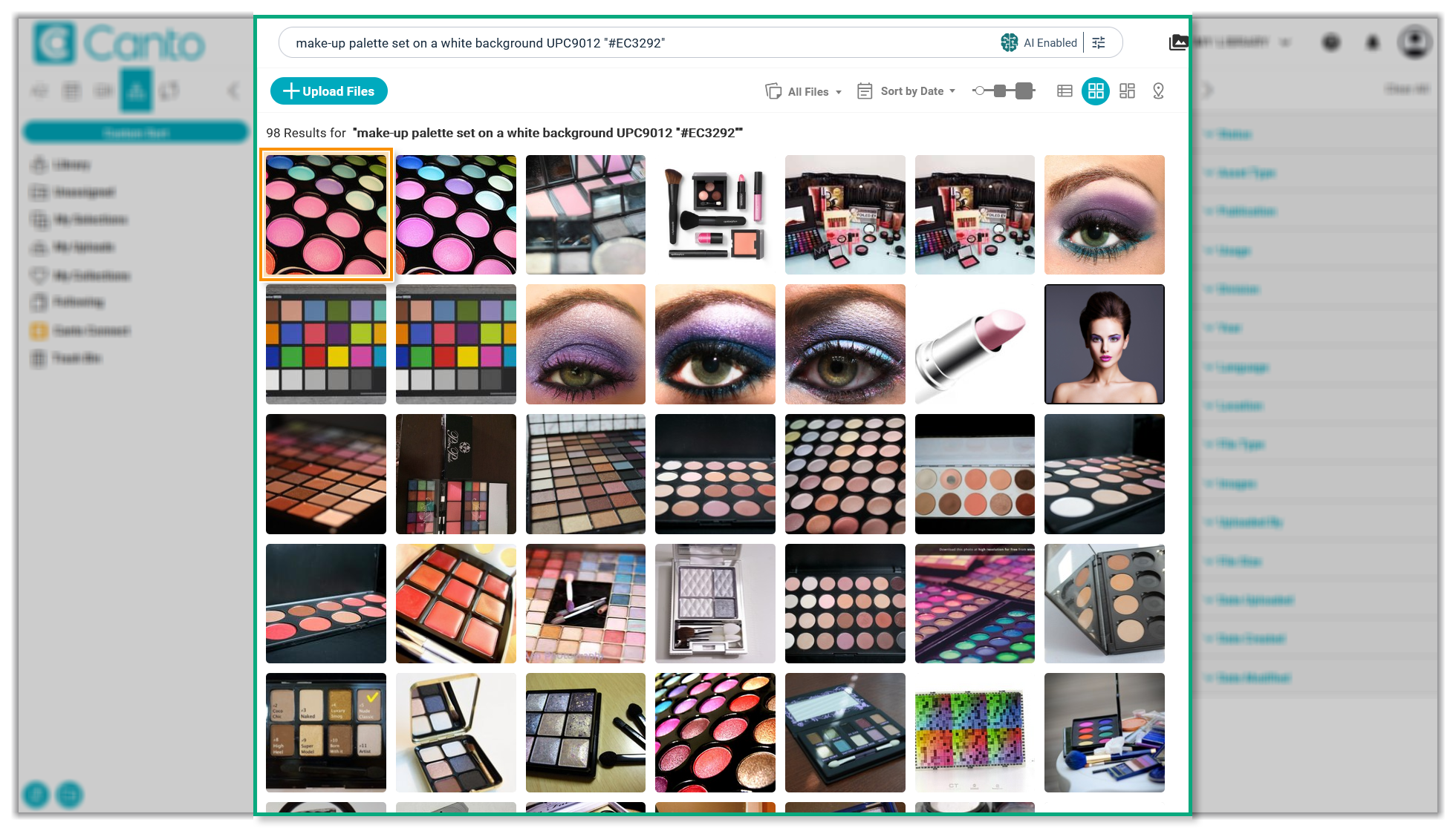 The Main Library - AI Visual Search has returned results for the prompt "make-up palette set on a white background UPC9012 "#EC3292"". The first asset is highlighted.