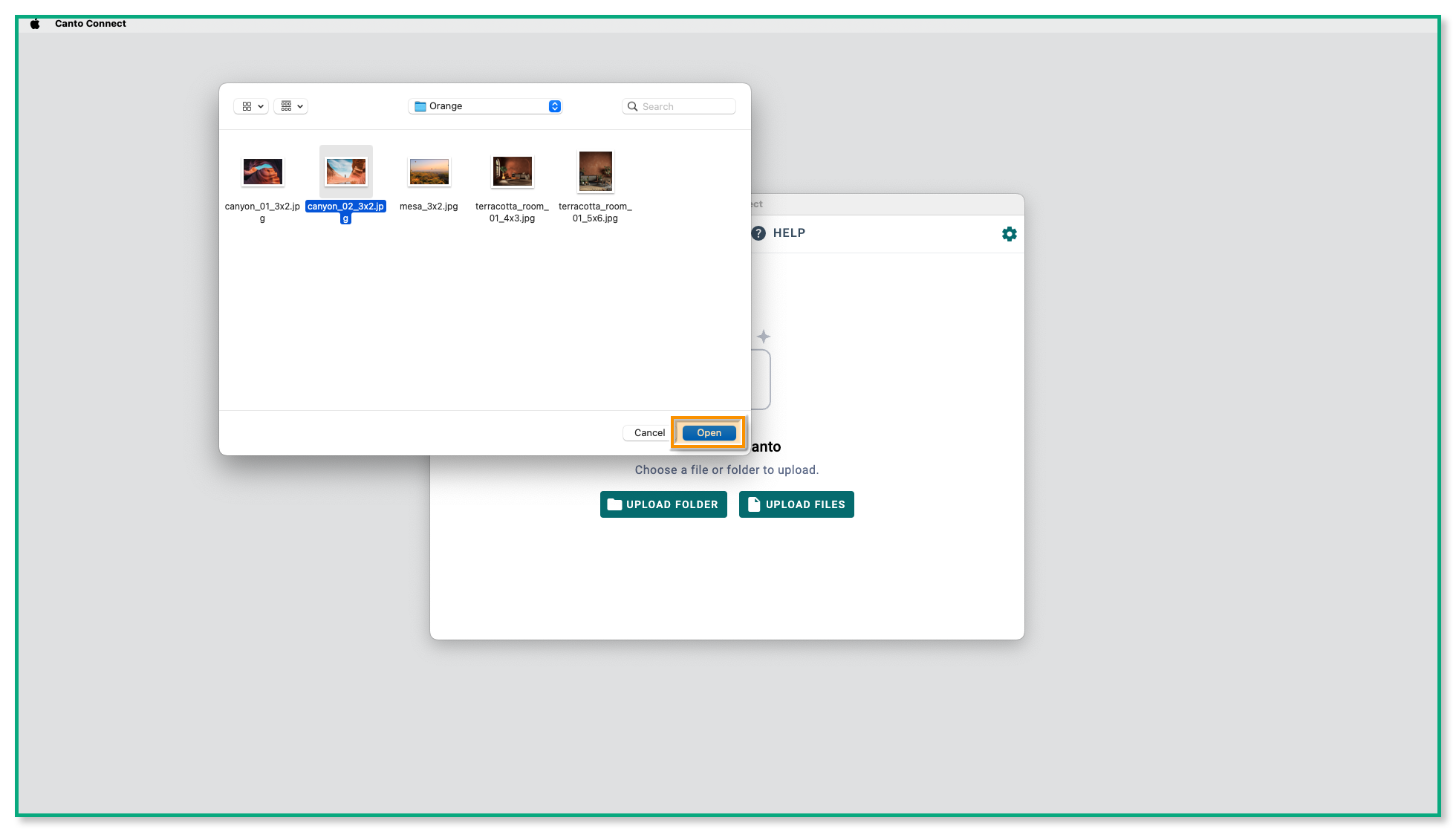The Canto Connect upload page - a Finder window is open, a file has been selected, and the "Open" button is highlighted.