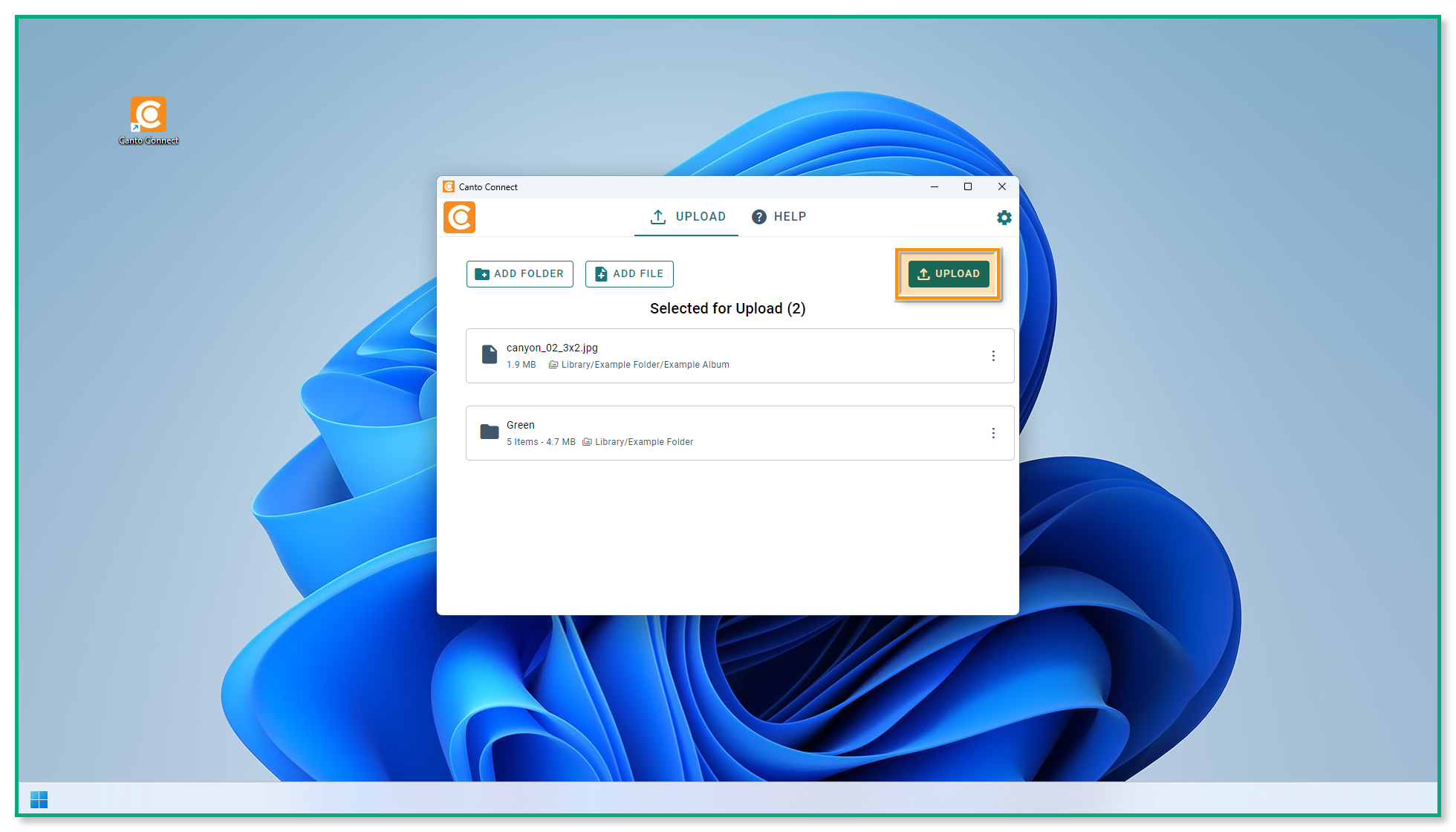 The Canto Connect upload page - the "Selected for Upload" section is visible, and the "Upload" button is highlighted.