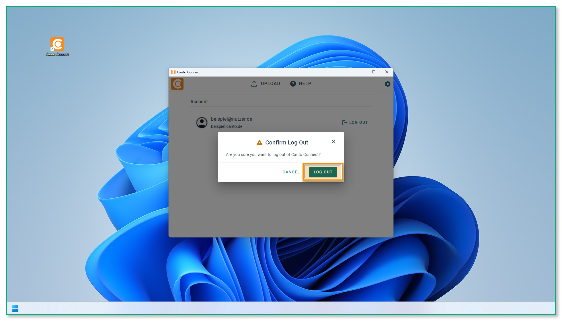 Die Seite "Account & Settings" in Canto Connect - ein Bestätigungs-Overlay ist sichtbar, und der "Log ut"-Knopf ist hervorgehoben.