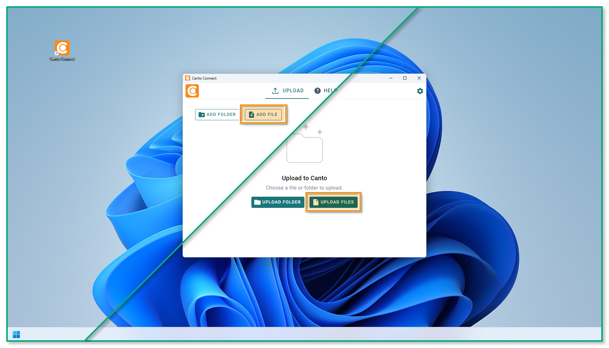 Ein Kombinationsbild der zwei möglichen Ansichten der Canto Connect Upload-Seite - die Knöpfe "Add File" und "Upload Files" sind hervorgehoben.