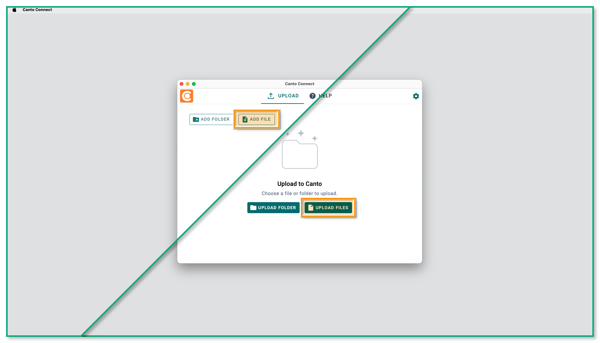 Ein Kombinationsbild der zwei möglichen Ansichten der Canto Connect Upload-Seite - die Knöpfe "Add File" und "Upload Files" sind hervorgehoben.