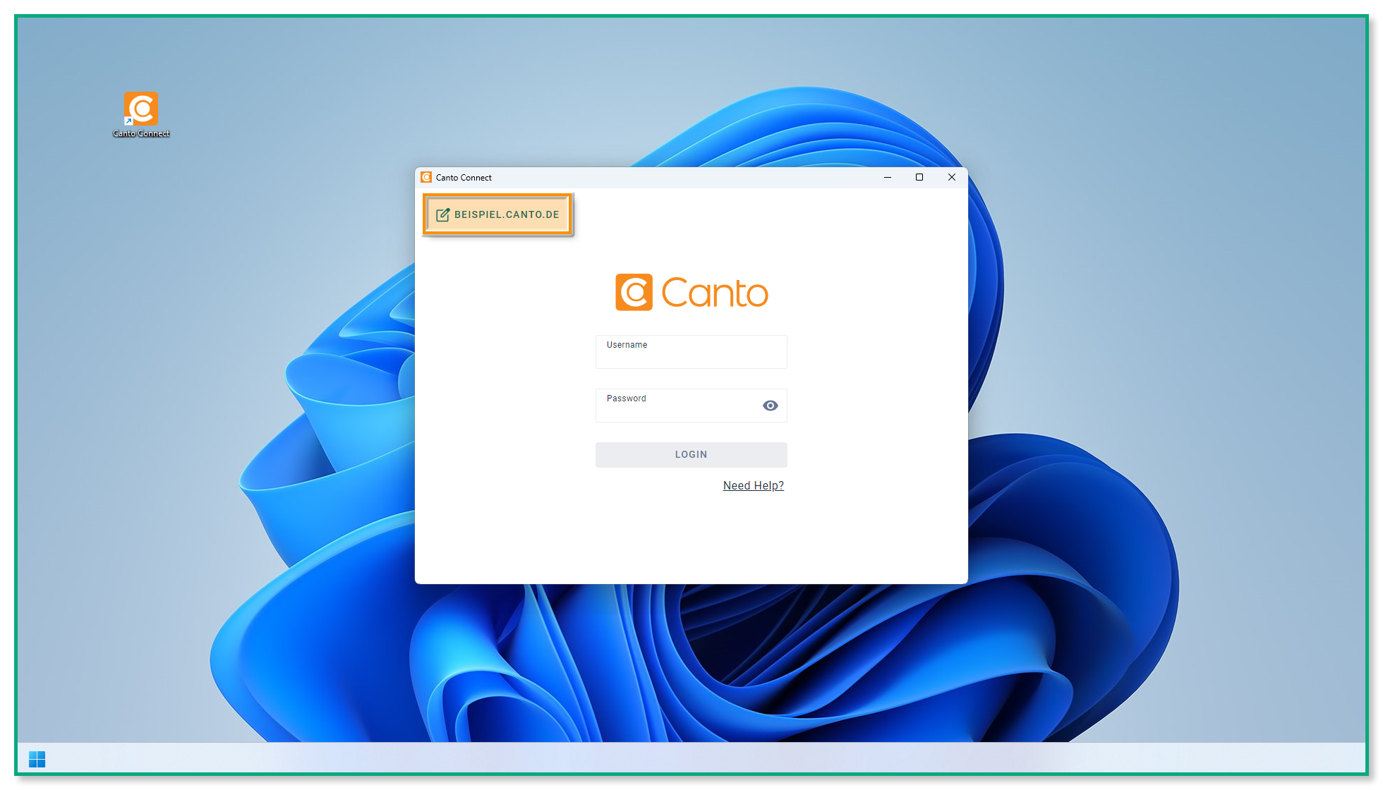 Die Anmeldeseite von Canto Connect - die Tenant URL ist hervorgehoben.