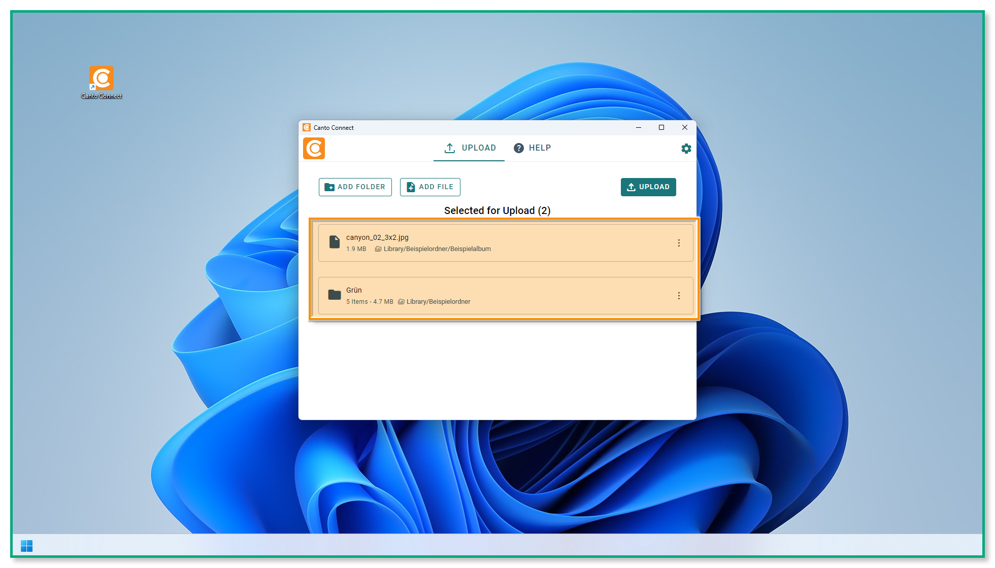 Die Canto Connect Upload-Seite - der Bereich "Selected for Upload" ist sichtbar, und zwei Elemente sind hervorgehoben.